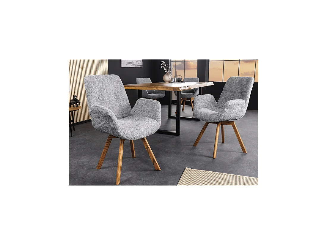 Set van 2 SORRANO designstoelen, 360° draaibaar, in lichtgrijze bouclé stof en met licht eiken poten