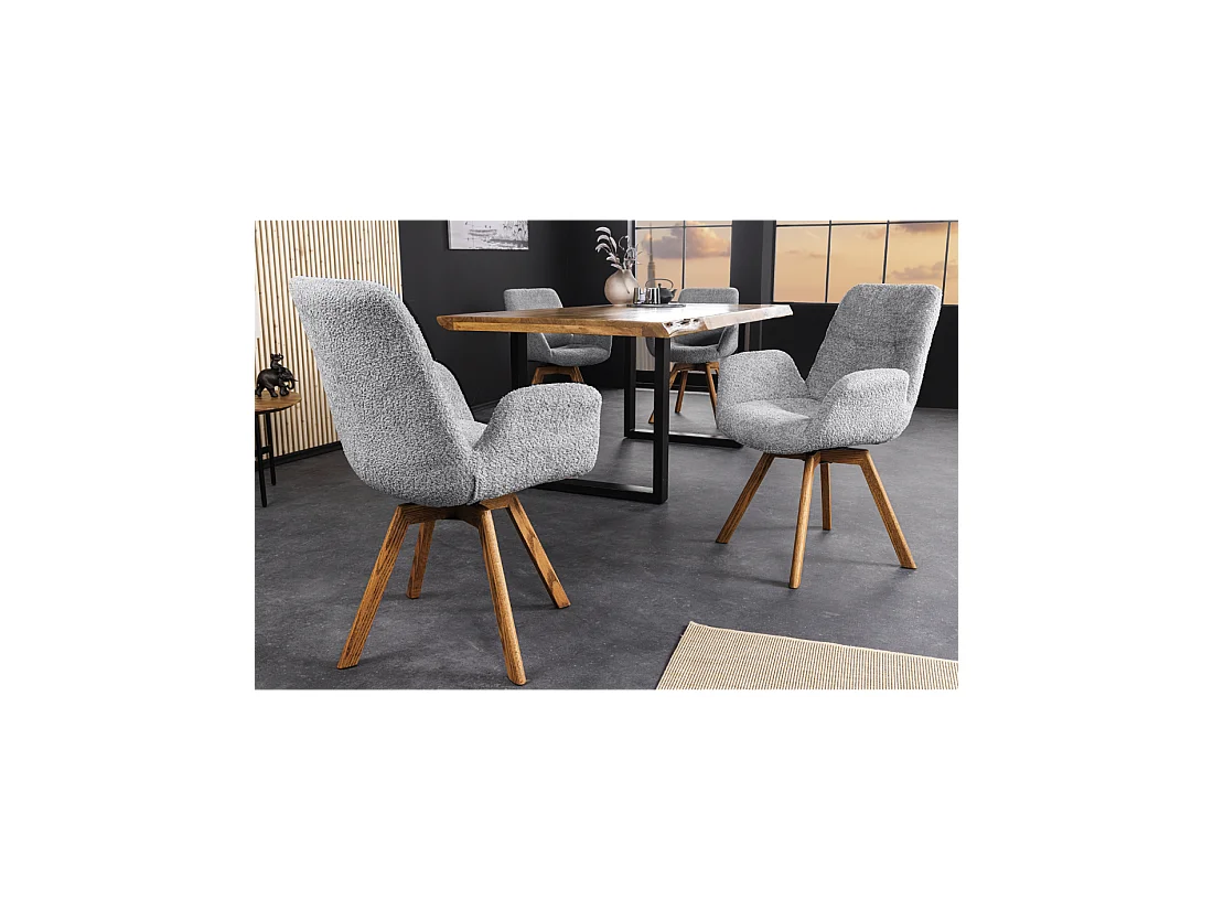 Set van 2 SORRANO designstoelen, 360° draaibaar, in lichtgrijze bouclé stof en met licht eiken poten