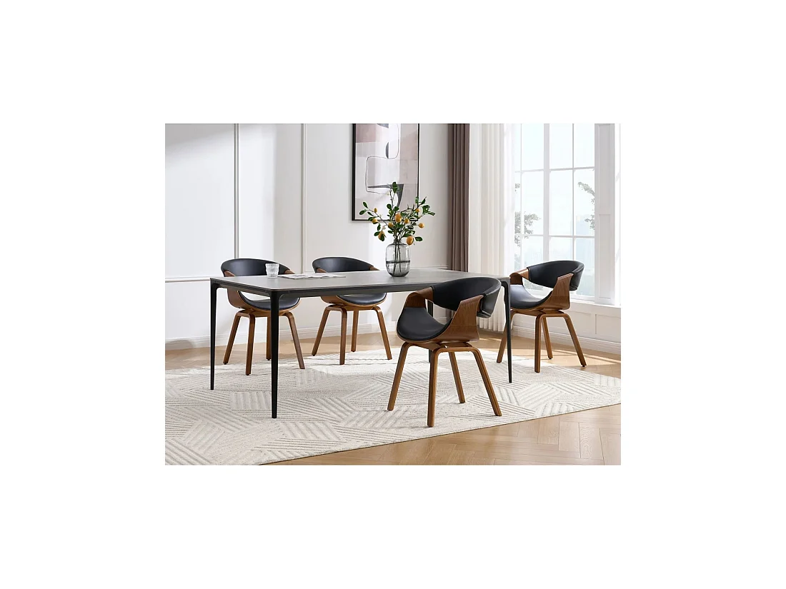 Silla contemporánea NERA en cuero artificial negro y estructura efecto madera oscura con apoyabrazos