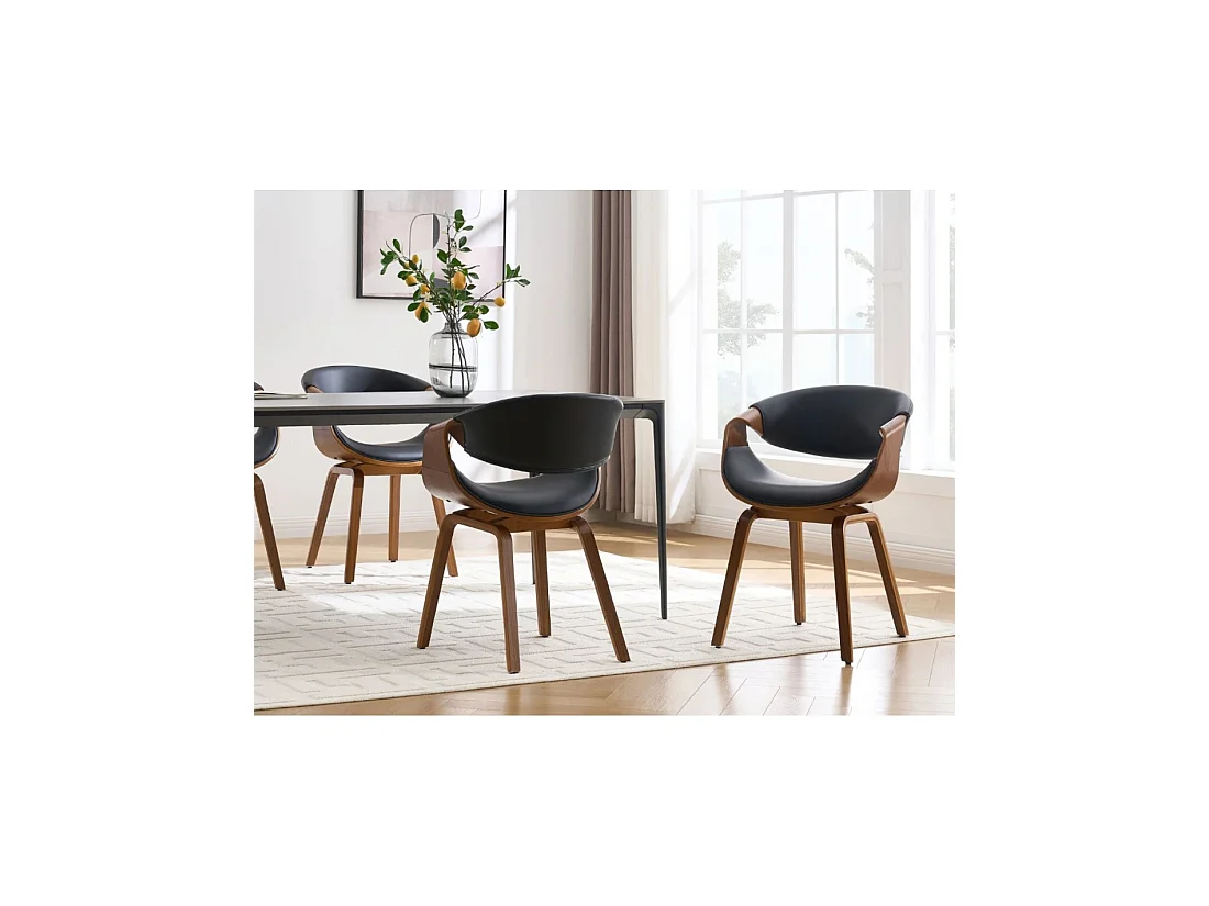Silla contemporánea NERA en cuero artificial negro y estructura efecto madera oscura con apoyabrazos
