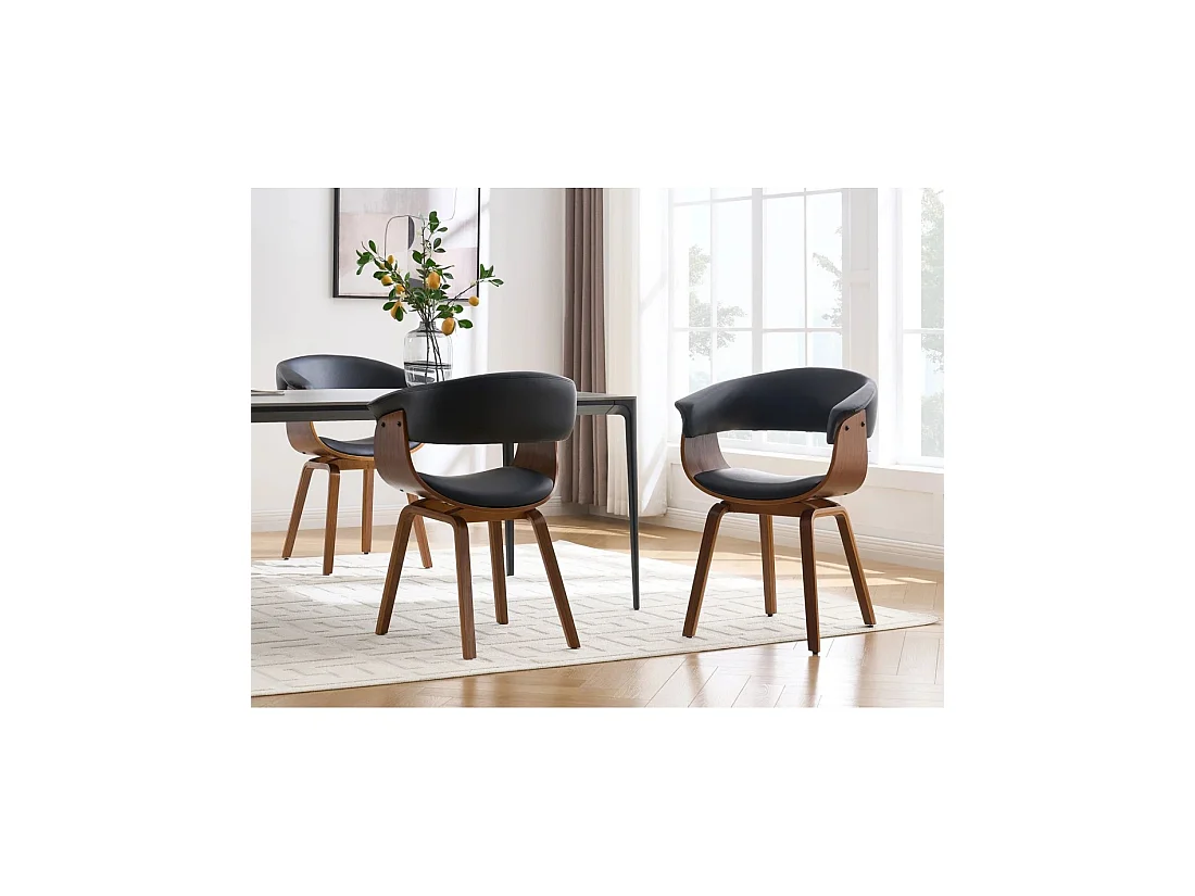 Silla contemporánea NERA en cuero artificial negro y estructura de efecto madera oscura con reposabrazos