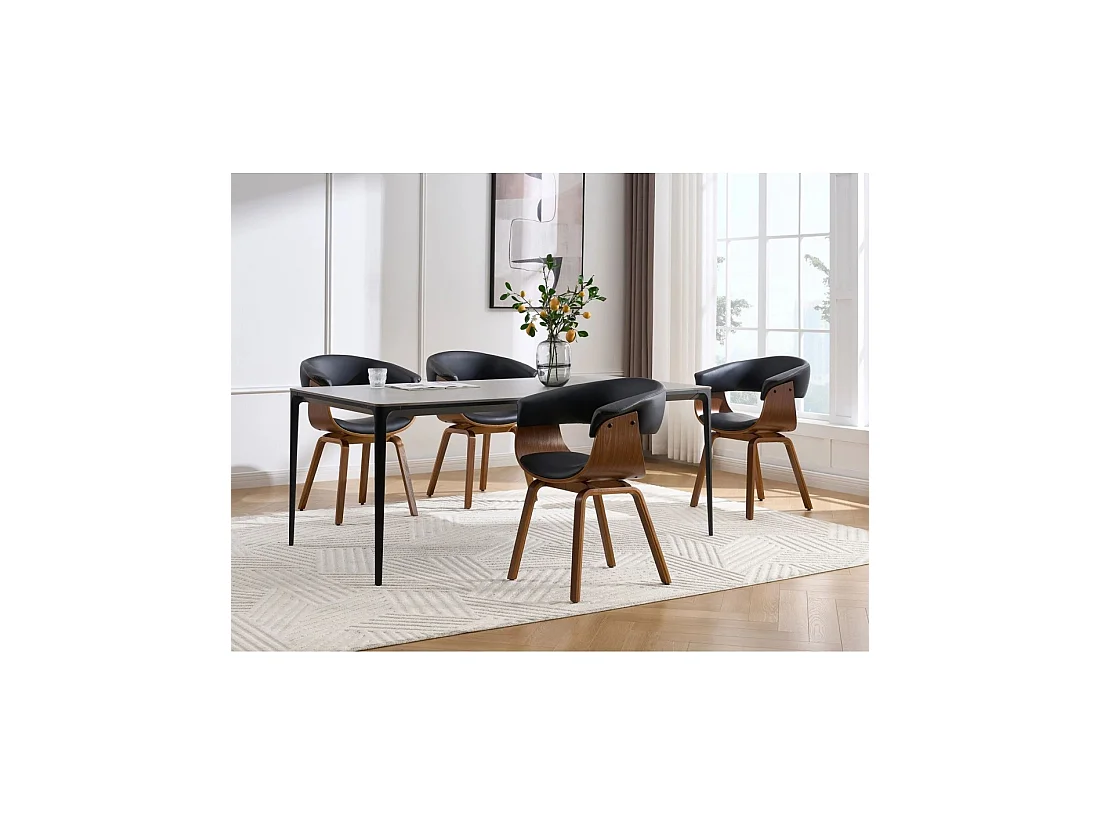 Silla contemporánea NERA en cuero artificial negro y estructura de efecto madera oscura con reposabrazos