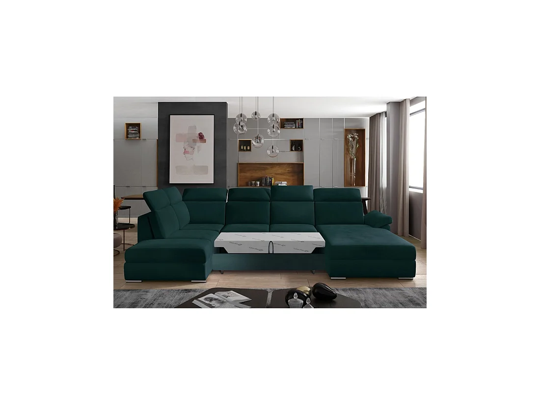 Canapé panoramique convertible MAJESTA 5 places vert foncé – angle droit avec coffre