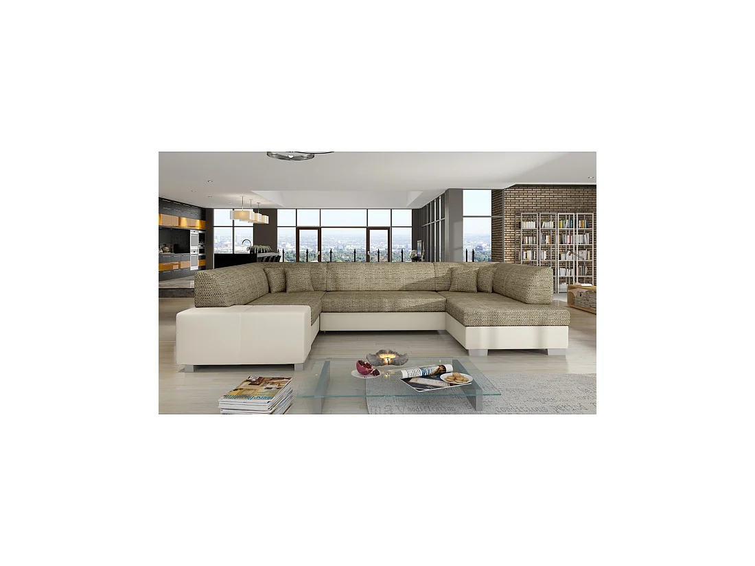 Canapé panoramique en U Beige convertible 6 places HAVANE mécanisme Dauphin