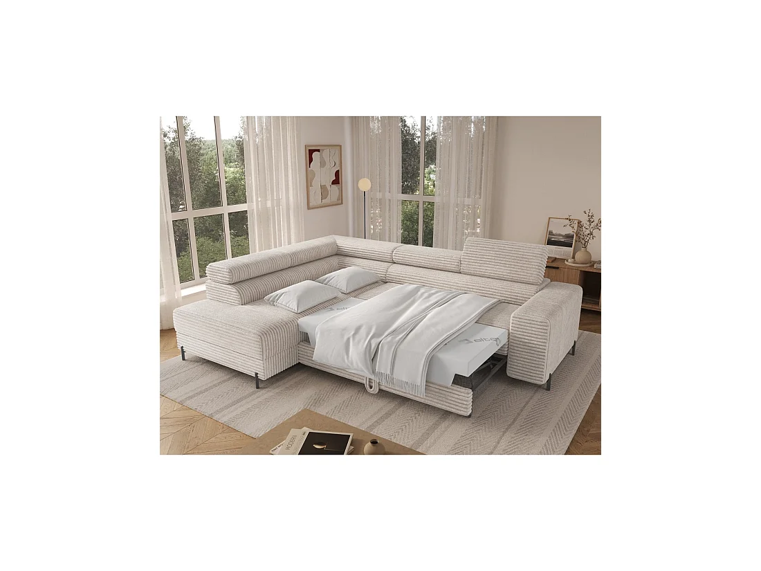 Canapé d'angle COLESIA convertible 5 places blanc crème velours côtelé – gauche – 274x200cm