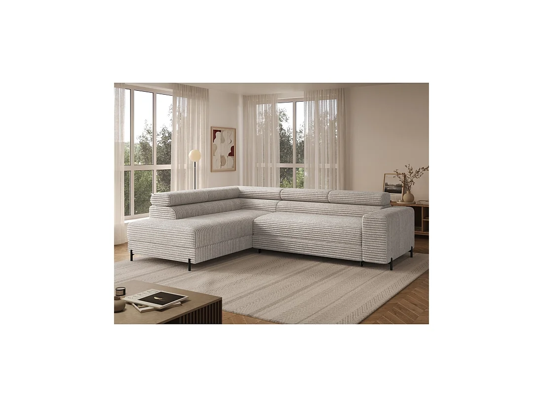 Canapé d'angle COLESIA convertible 5 places blanc crème velours côtelé – gauche – 274x200cm