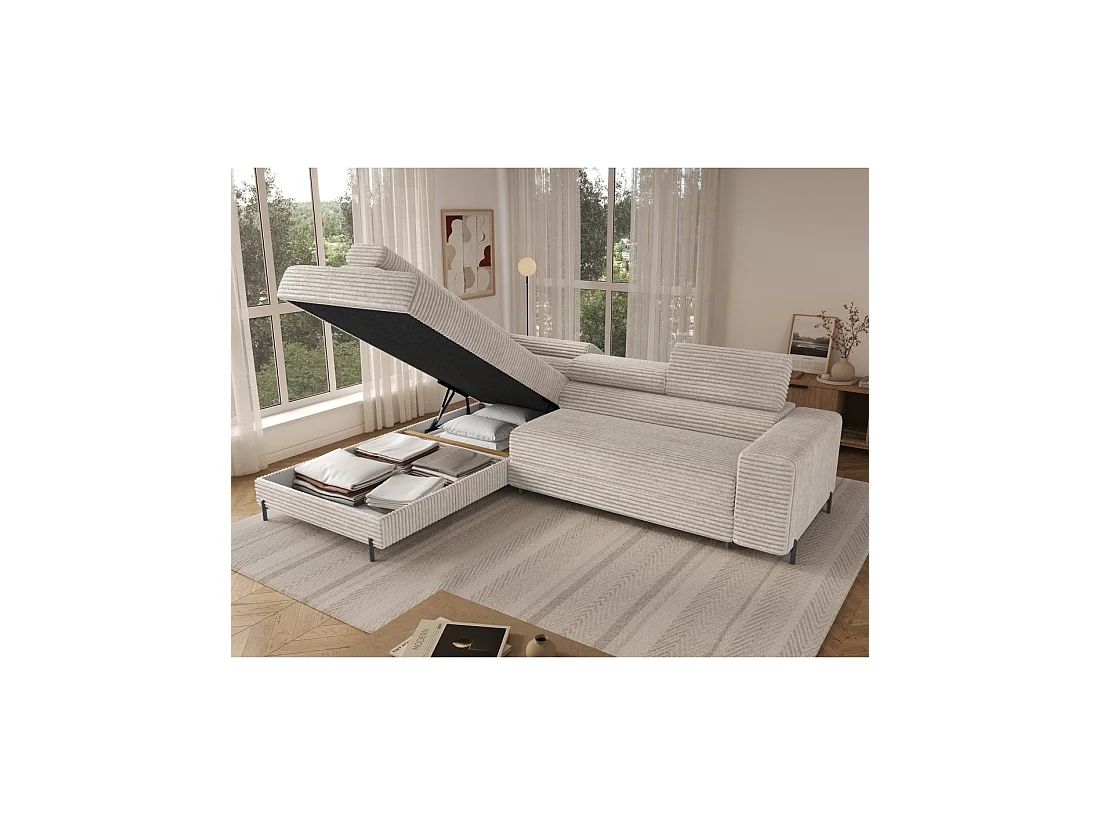 Canapé d'angle COLESIA convertible 5 places blanc crème velours côtelé – gauche – 274x200cm