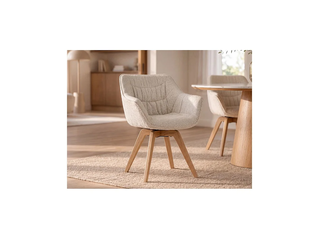 Lote de 2 sillas de diseño COMFY giratorias en tela tweed bouclé beige y patas de roble claro