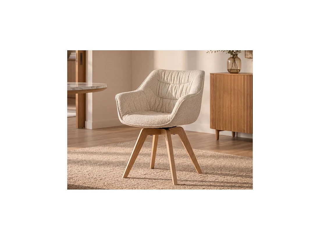 Lote de 2 sillas de diseño COMFY giratorias en tela tweed bouclé beige y patas de roble claro