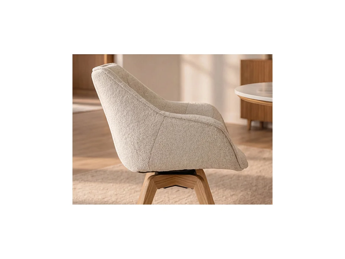 Lote de 2 sillas de diseño COMFY giratorias en tela tweed bouclé beige y patas de roble claro