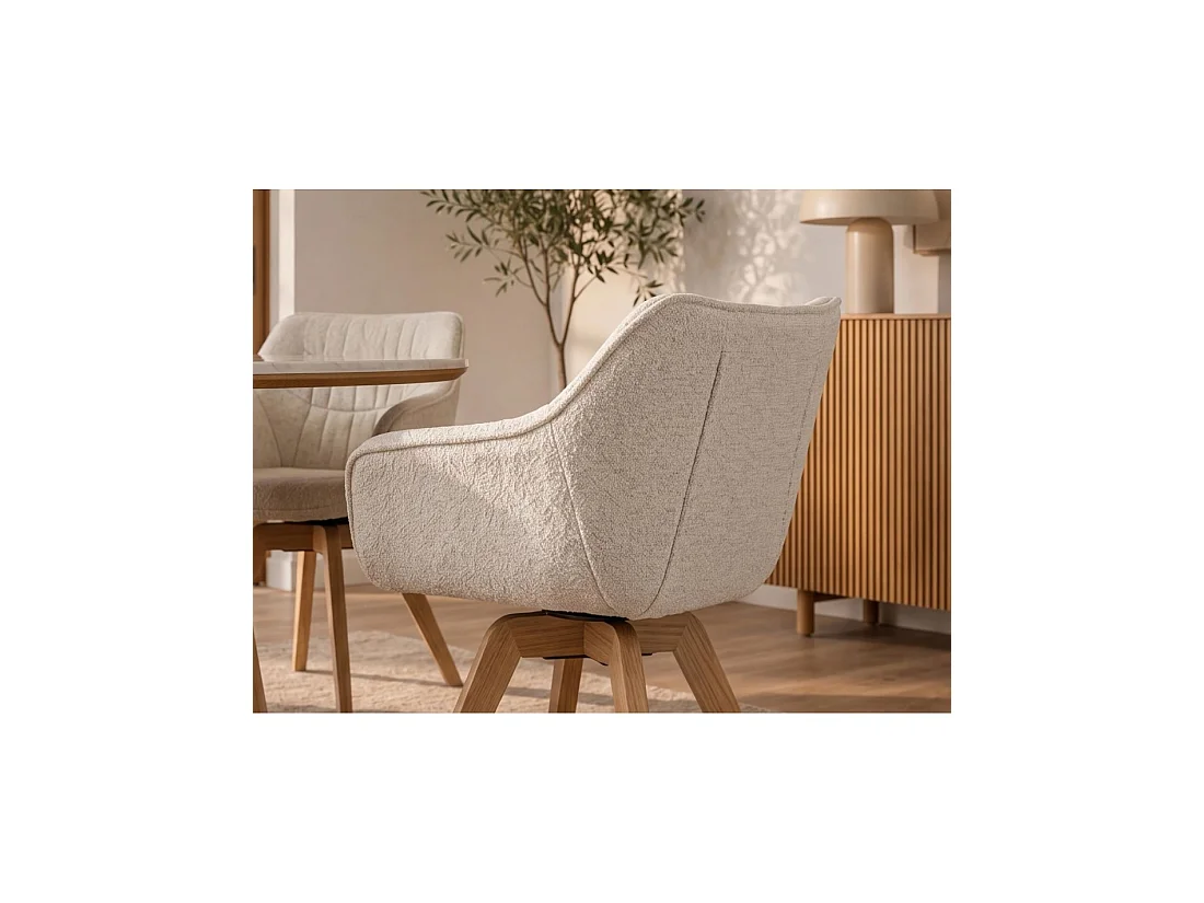 Lote de 2 sillas de diseño COMFY giratorias en tela tweed bouclé beige y patas de roble claro