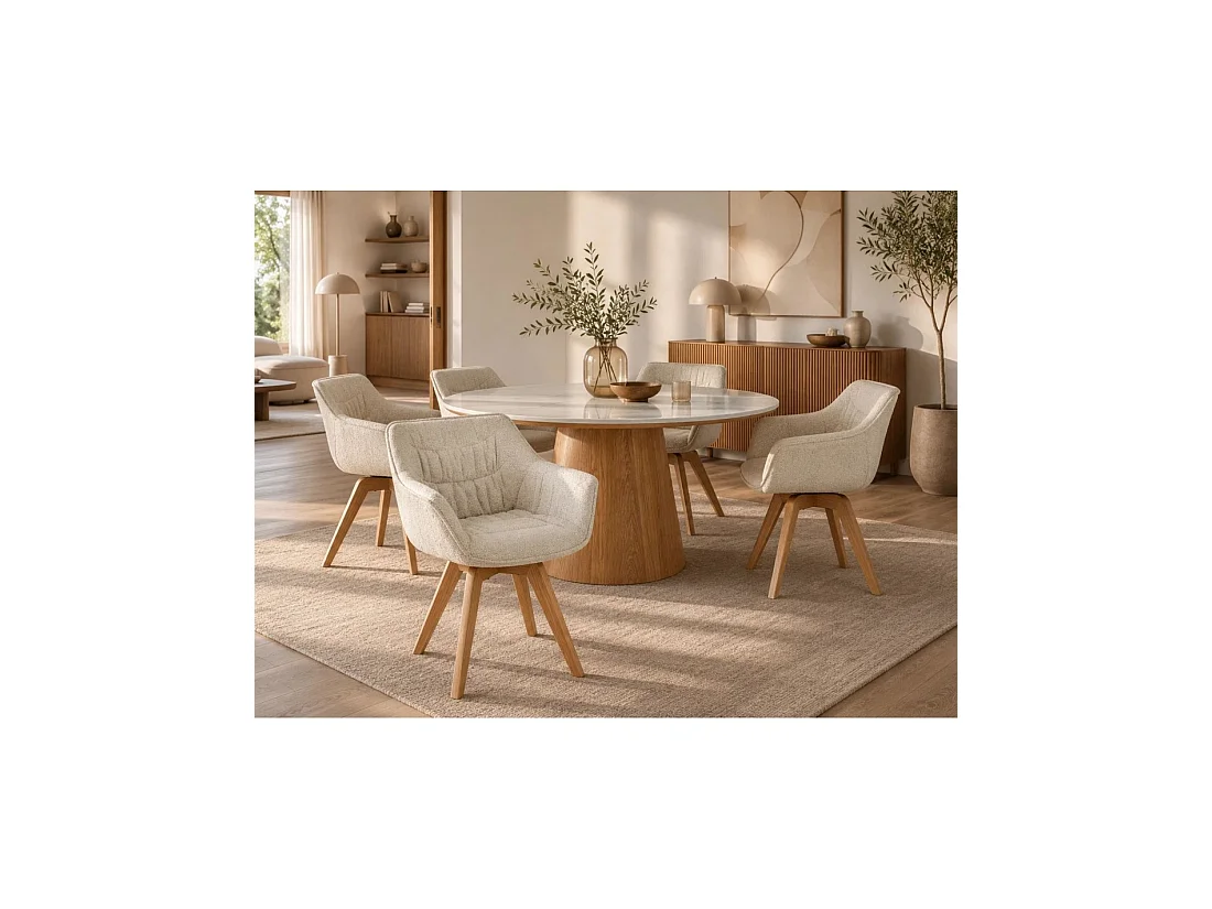 Lote de 2 sillas de diseño COMFY giratorias en tela tweed bouclé beige y patas de roble claro