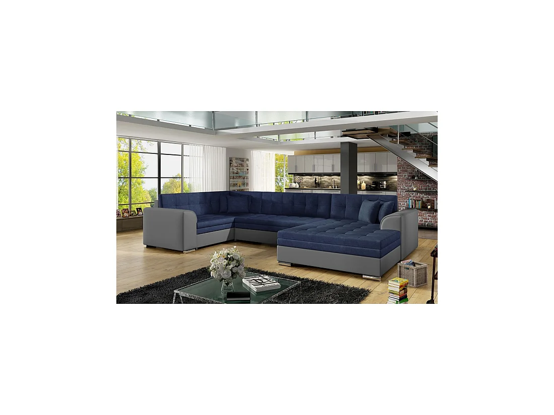 Canapé panoramique convertible CALDERO 5 places bleu marine et gris – angle droit