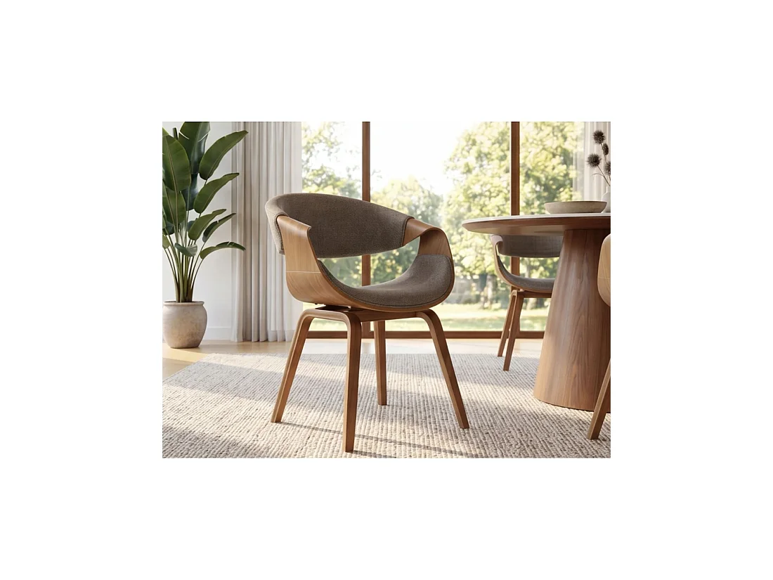 Moderne stoel NERA met grijze gestructureerde stof en donker hout-effect structuur met armleuningen