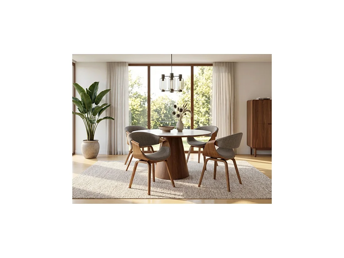 Moderne stoel NERA met grijze gestructureerde stof en donker hout-effect structuur met armleuningen
