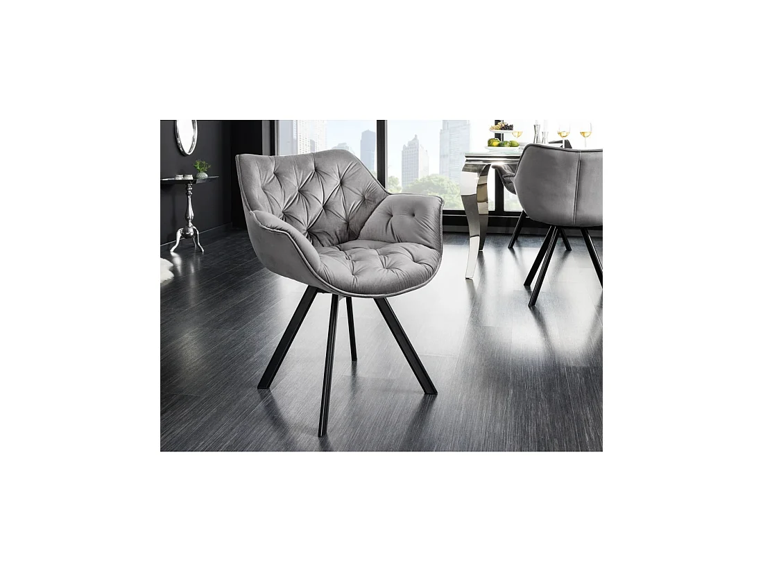 Lot de 2 chaises design COMFY pivotantes à 180° en velours gris capitonné et pieds noirs