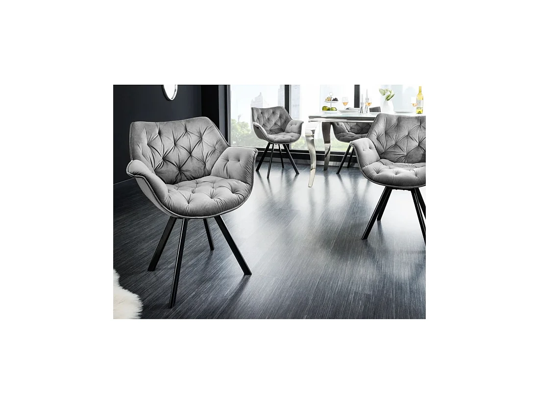 Lot de 2 chaises design COMFY pivotantes à 180° en velours gris capitonné et pieds noirs