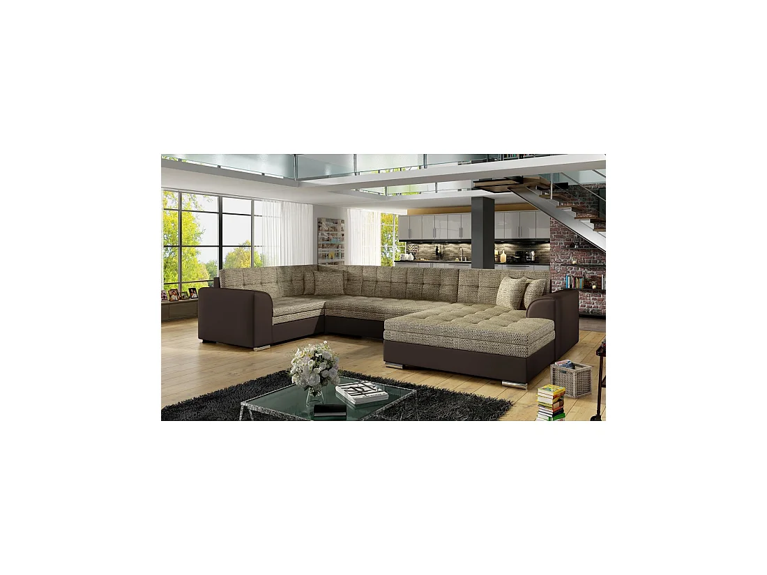Canapé panoramique convertible CALDERO 5 places beige et chocolat – angle droit