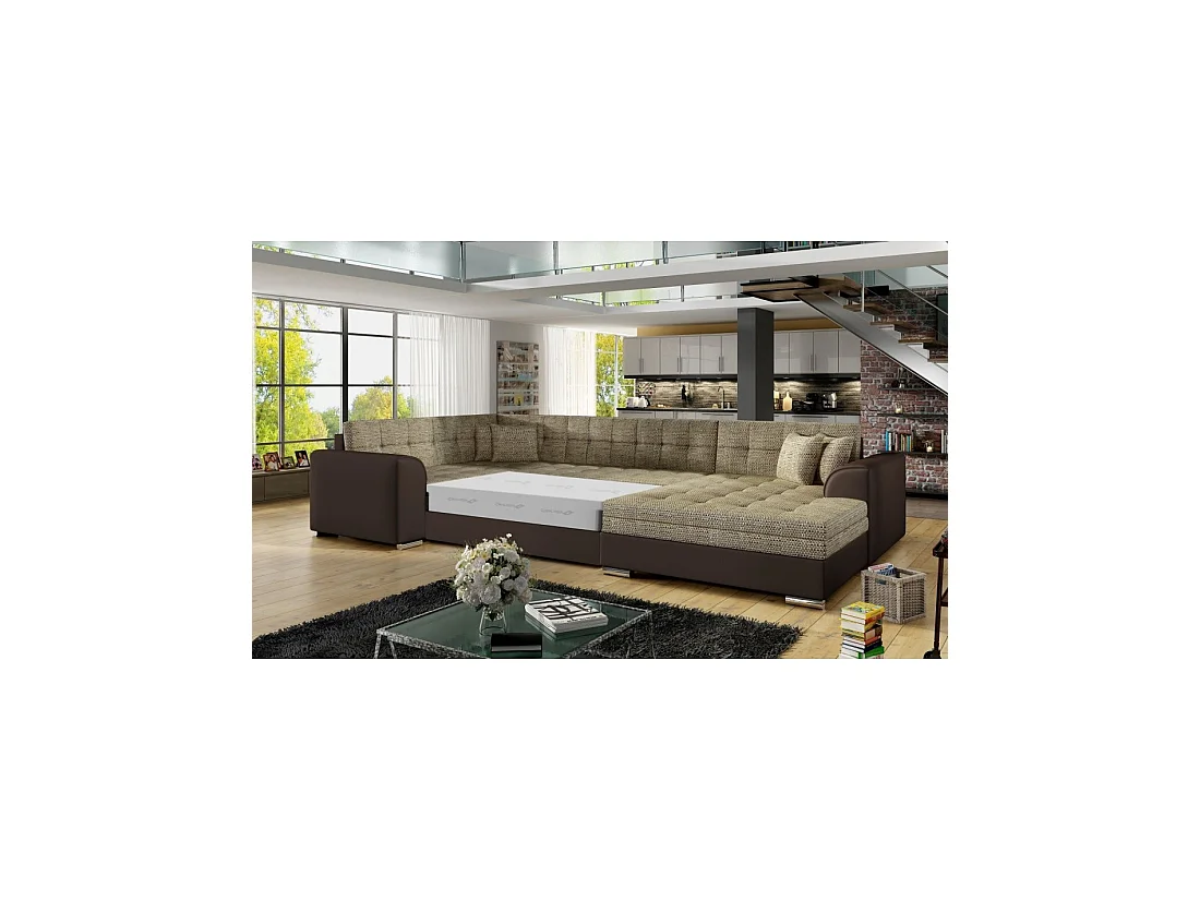 Canapé panoramique convertible CALDERO 5 places beige et chocolat – angle droit