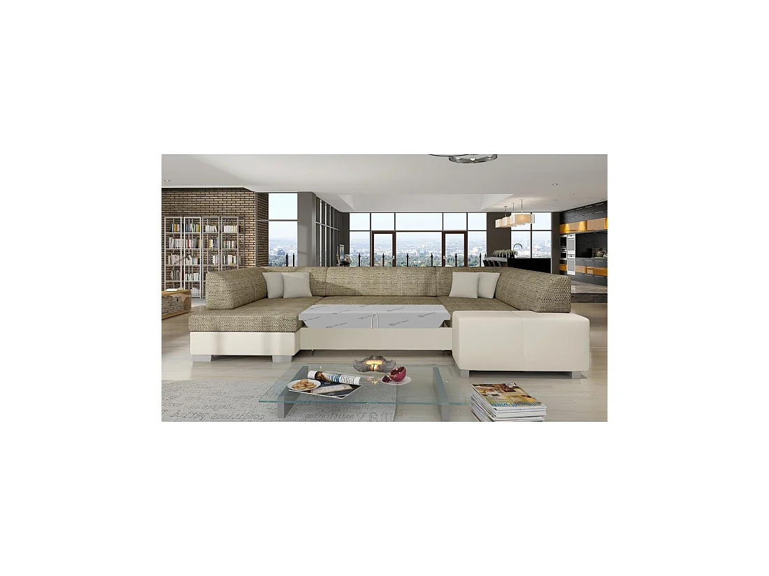Canapé panoramique en U Beige convertible 6 places HAVANE espace détente généreux