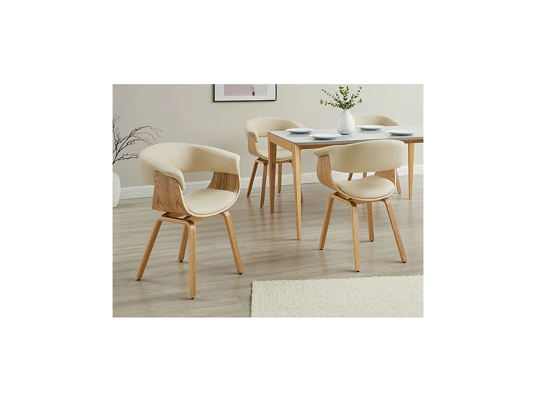 Moderne stoel NERA in crème beige kunstleer en lichte eiken effect structuur met armleuningen