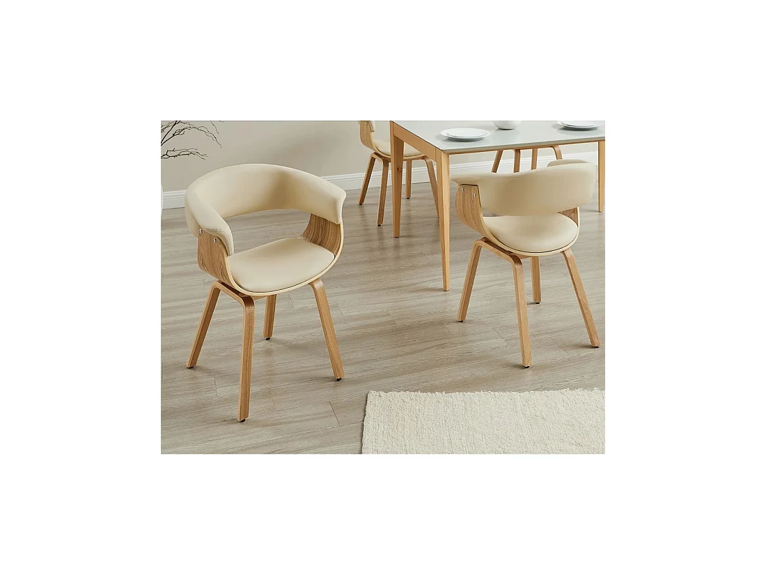 Moderne stoel NERA in crème beige kunstleer en lichte eiken effect structuur met armleuningen