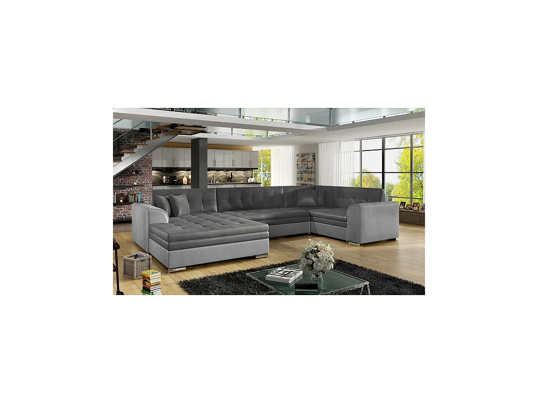 Canapé panoramique convertible CALDERO 5 places gris clair et foncé – angle gauche – 4 coussins