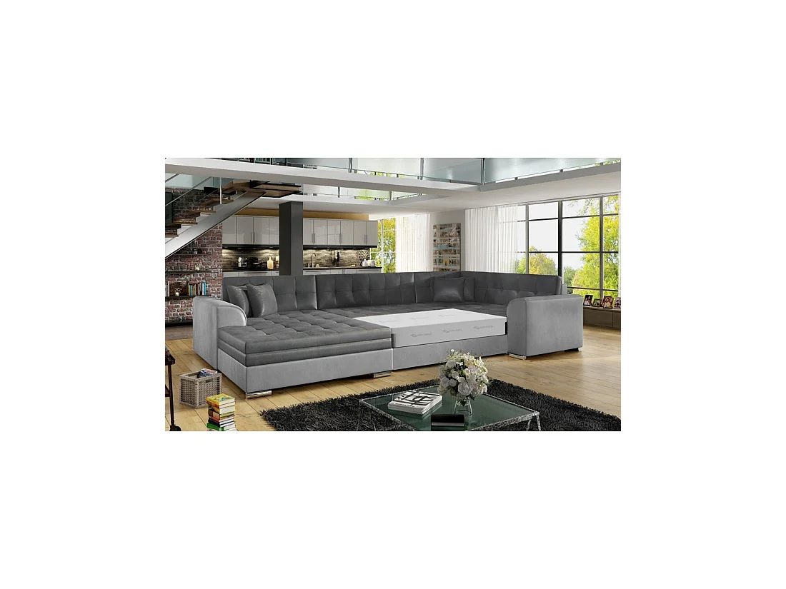 Canapé panoramique convertible CALDERO 5 places gris clair et foncé – angle gauche – 4 coussins