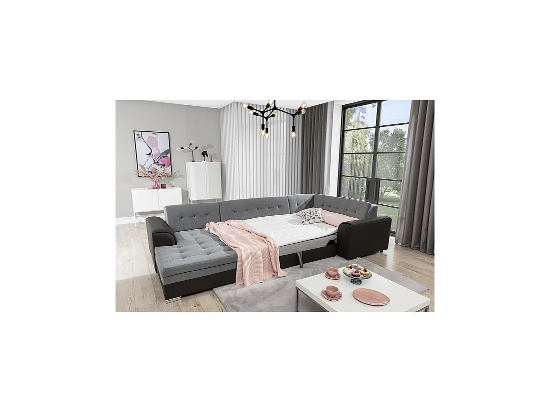 Canapé panoramique convertible CALDERO 5 places gris clair et foncé – angle gauche – 4 coussins