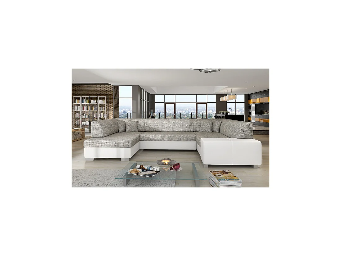 Canapé panoramique en U Gris & Blanc convertible 6 places HAVANE avec coffre à literie