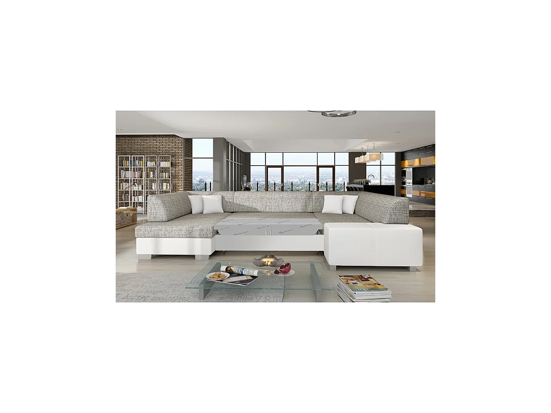 Canapé panoramique en U Gris & Blanc convertible 6 places HAVANE avec coffre à literie