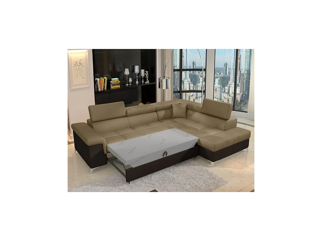 Canapé d'angle convertible PALAZZO 4 places marron clair et foncé – angle droit avec 1 coussin