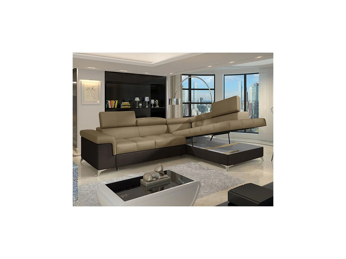 Canapé d'angle convertible PALAZZO 4 places marron clair et foncé – angle droit avec 1 coussin