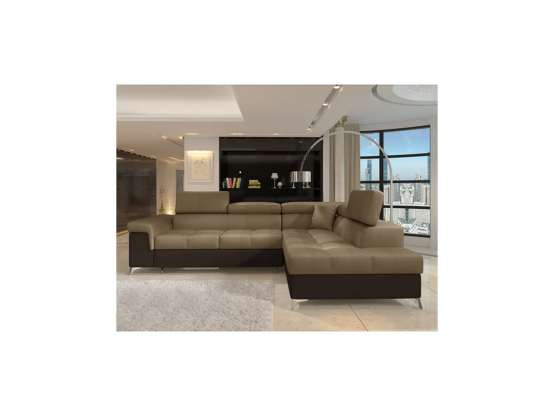 Canapé d'angle convertible PALAZZO 4 places marron clair et foncé – angle droit avec 1 coussin