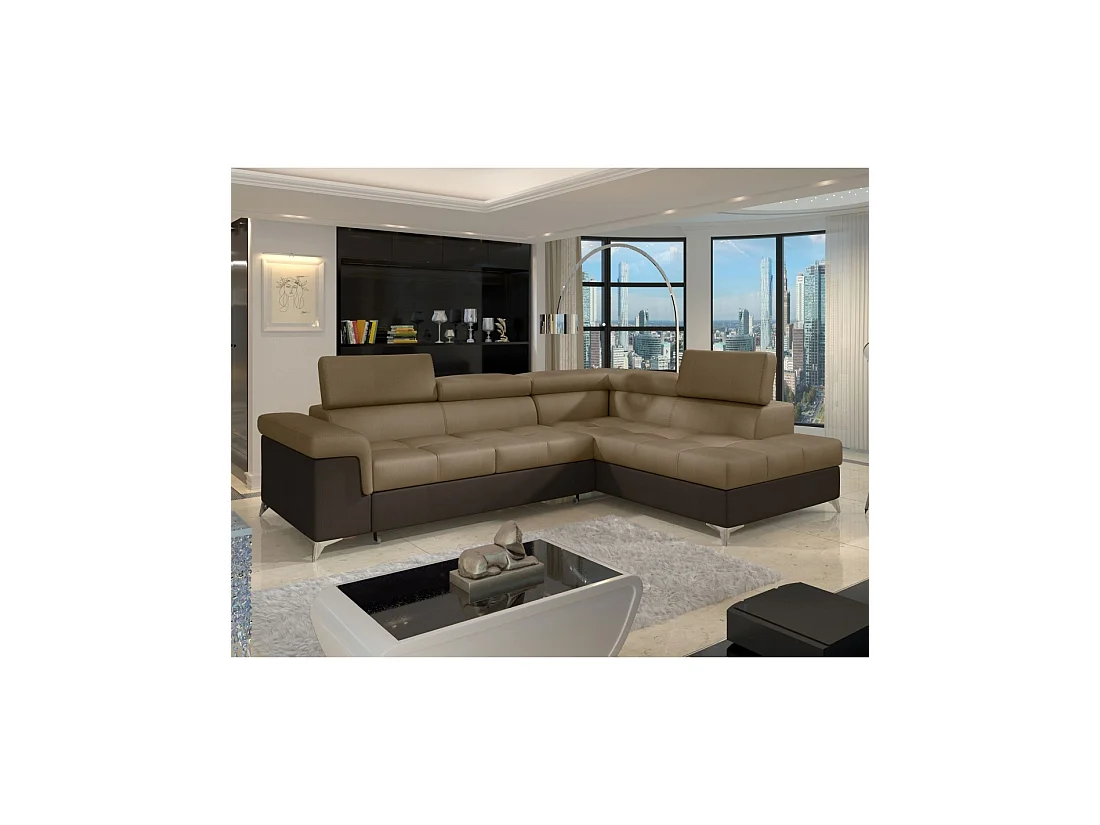 Canapé d'angle convertible PALAZZO 4 places marron clair et foncé – angle droit avec 1 coussin