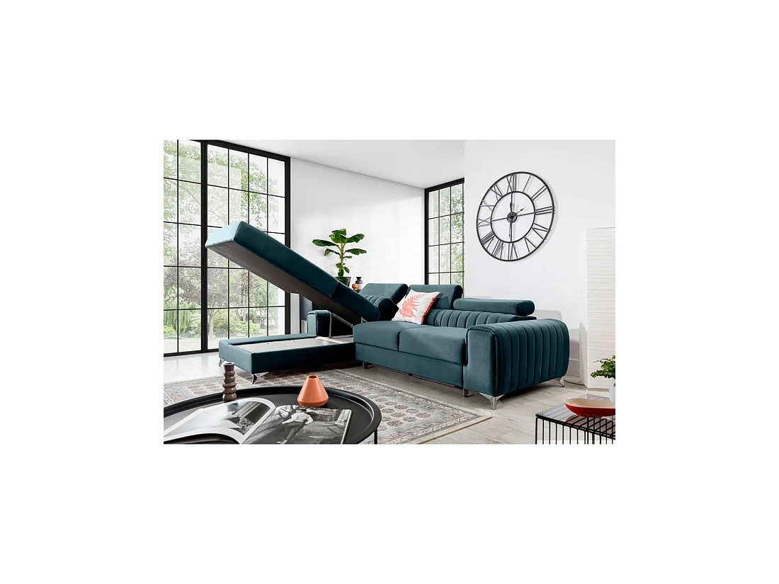 Canapé d'angle gauche Bleu canard convertible 3 places JAYSON couchage spacieux
