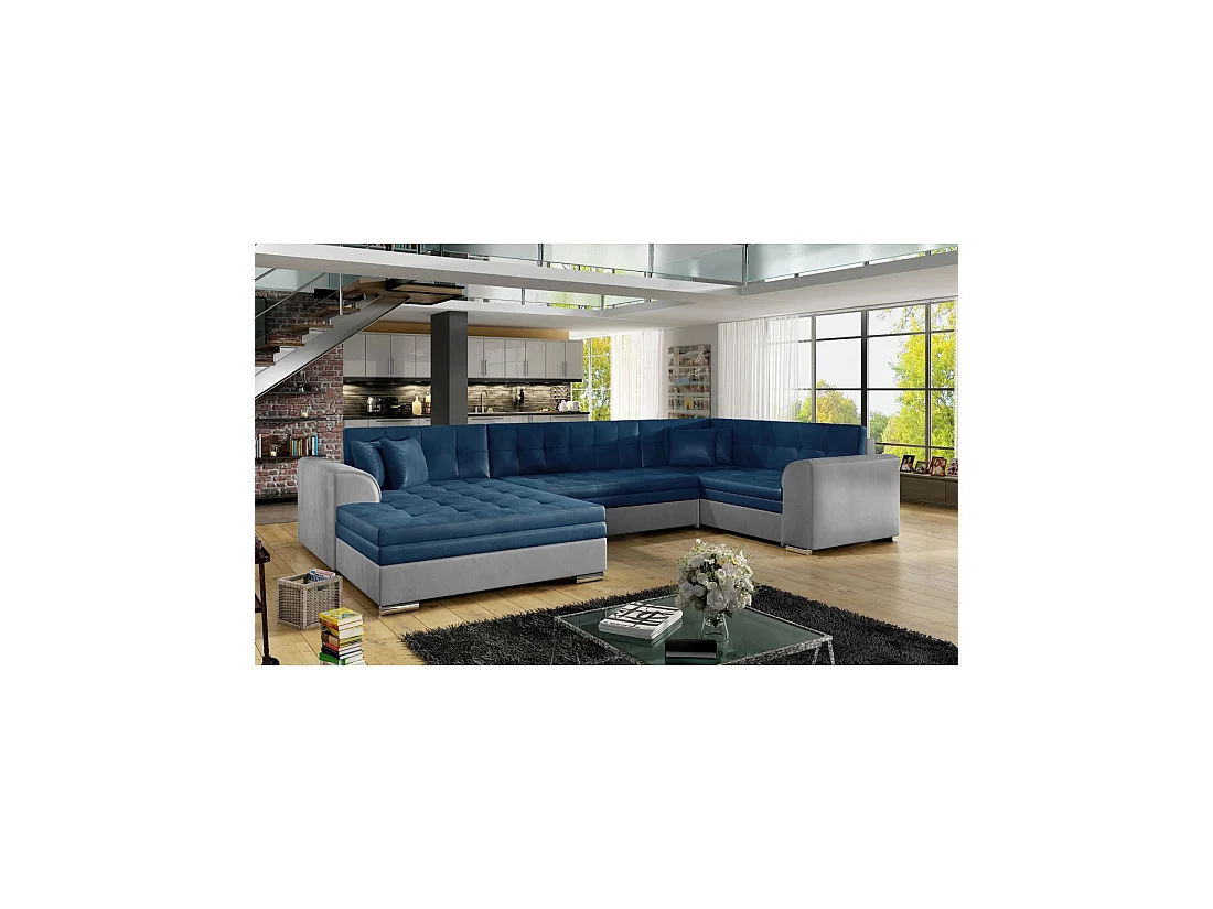 Sofá panorámico convertible CALDERO 5 plazas azul marino y gris – ángulo izquierdo