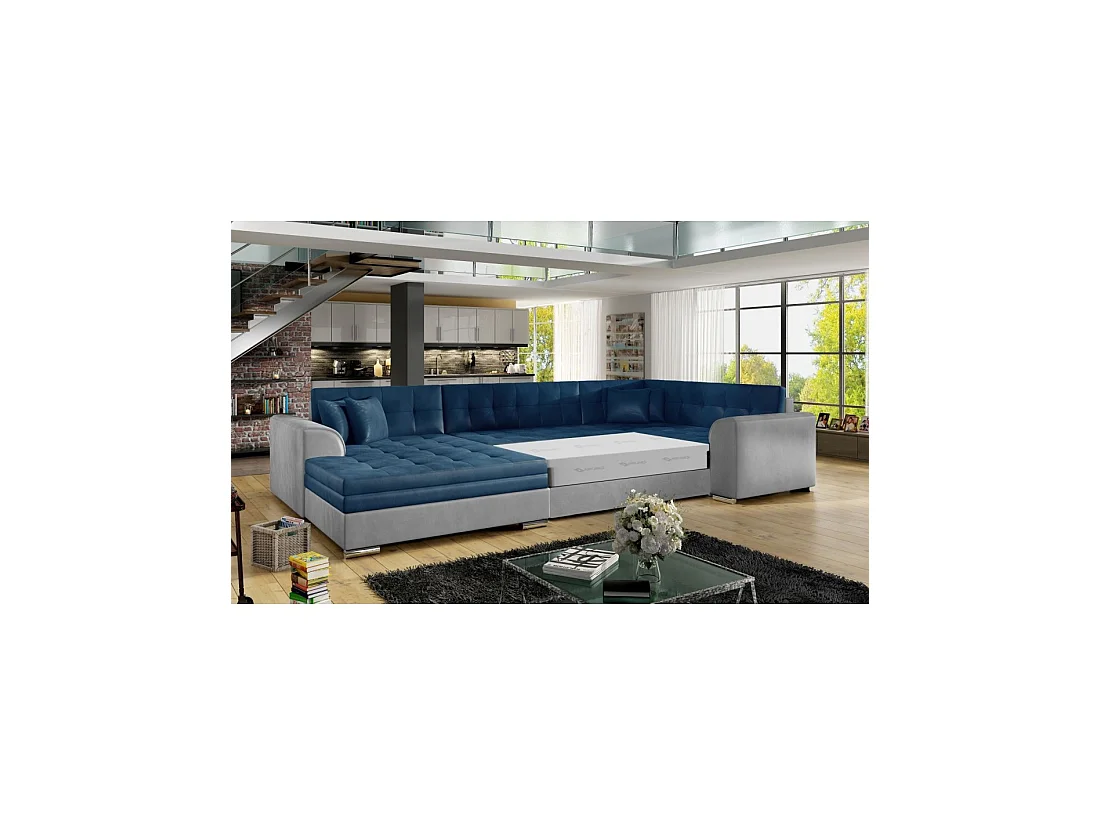 Sofá panorámico convertible CALDERO 5 plazas azul marino y gris – ángulo izquierdo