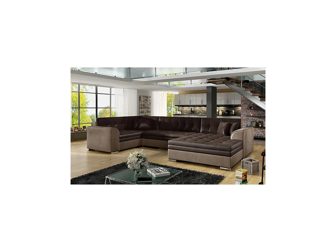 Sofá panorámico convertible CALDERO 5 plazas marrón – ángulo derecho – 4 cojines