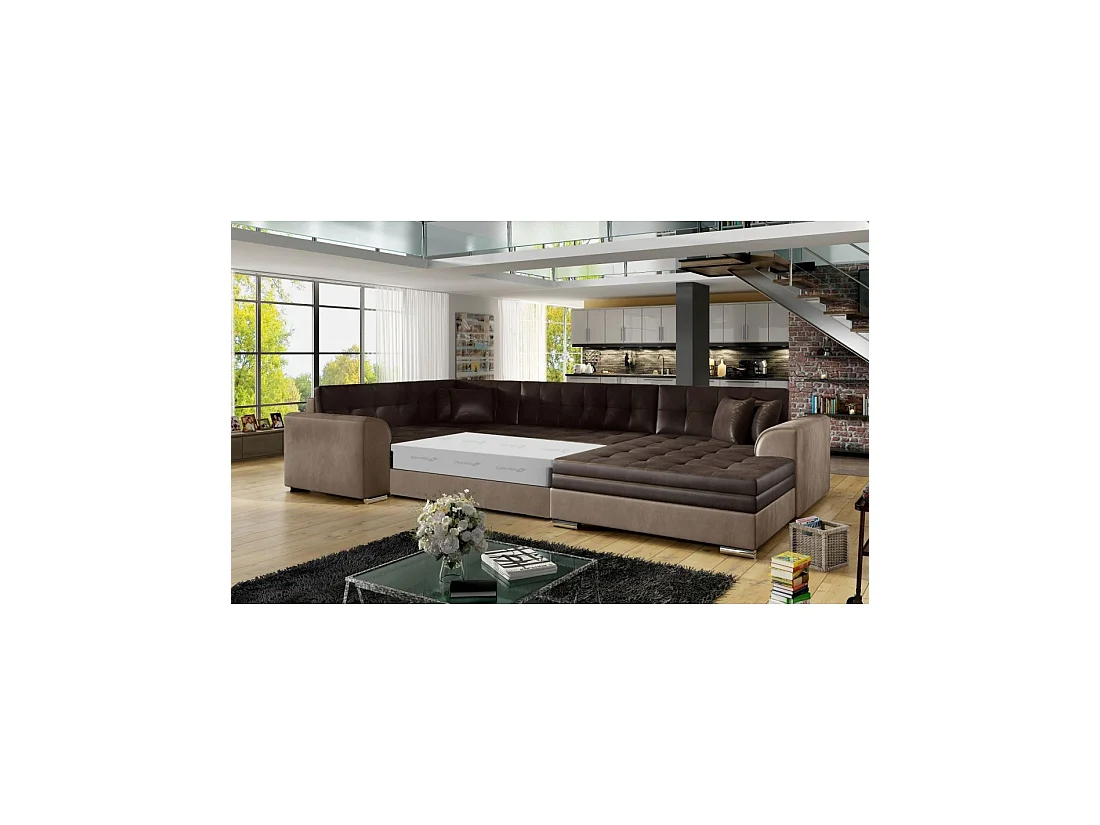 Sofá panorámico convertible CALDERO 5 plazas marrón – ángulo derecho – 4 cojines