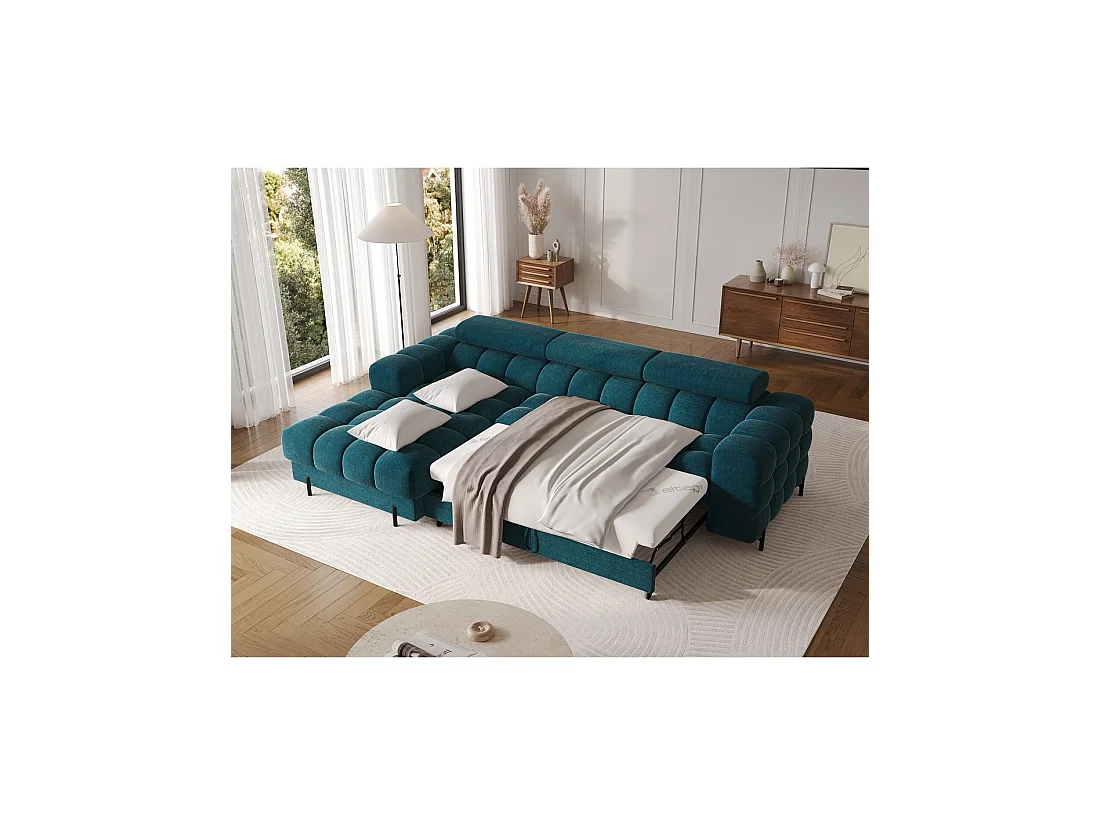 Canapé d'angle gauche convertible Bleu canard style épuré 285x99x181cm FILTRO
