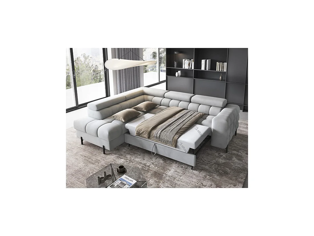Canapé d'angle gauche FERRUM Gris clair avec coffre pieds métal 276x93x200cm