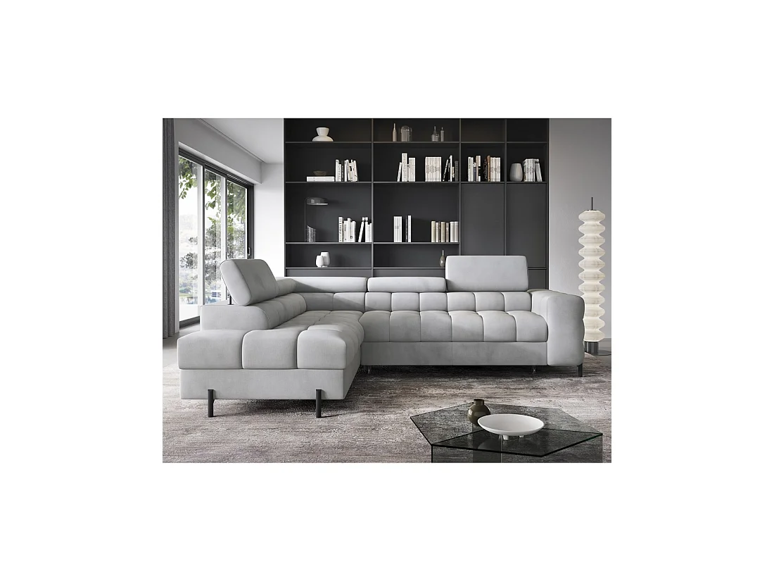 Canapé d'angle gauche FERRUM Gris clair avec coffre pieds métal 276x93x200cm