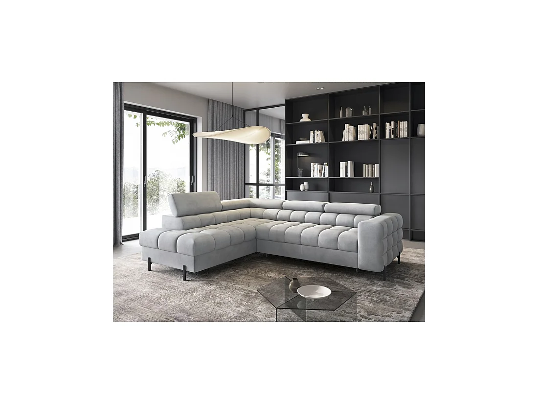 Canapé d'angle gauche FERRUM Gris clair avec coffre pieds métal 276x93x200cm