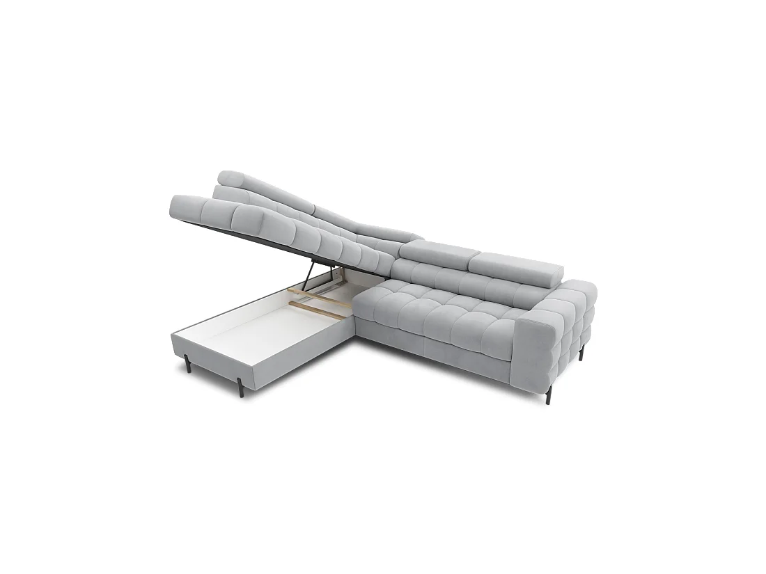 Canapé d'angle gauche FERRUM Gris clair avec coffre pieds métal 276x93x200cm
