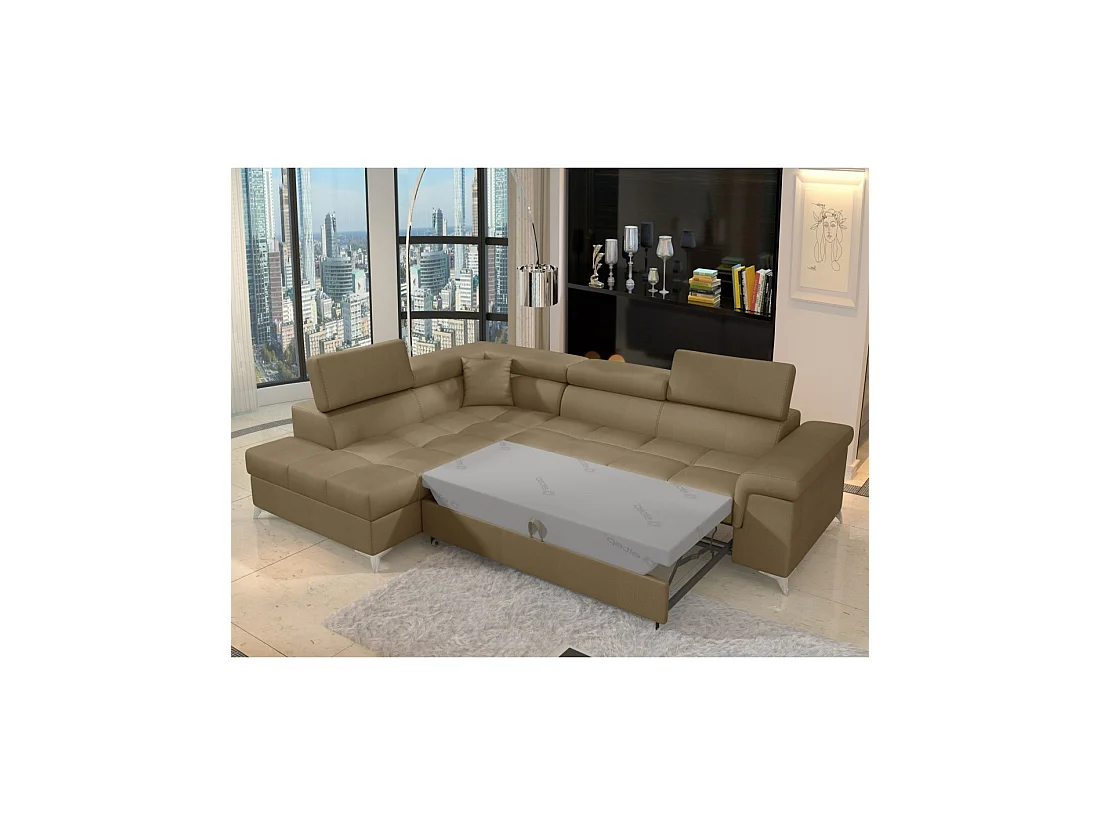 Canapé d'angle convertible PALAZZO 4 places marron – angle gauche avec 1 coussin