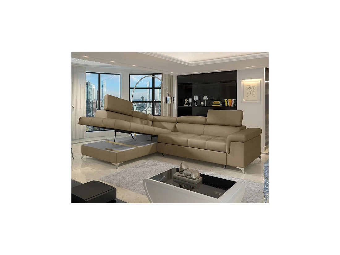 Canapé d'angle convertible PALAZZO 4 places marron – angle gauche avec 1 coussin
