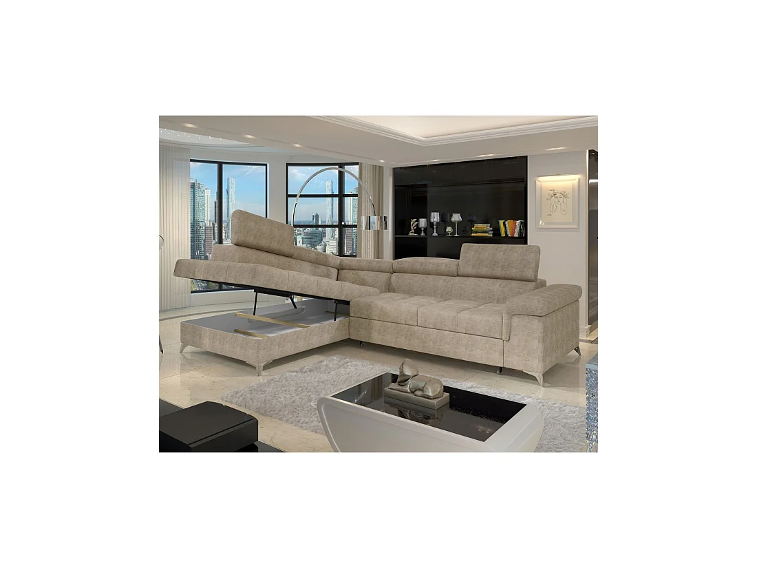 Canapé d'angle convertible PALAZZO 4 places beige – angle gauche avec coffre