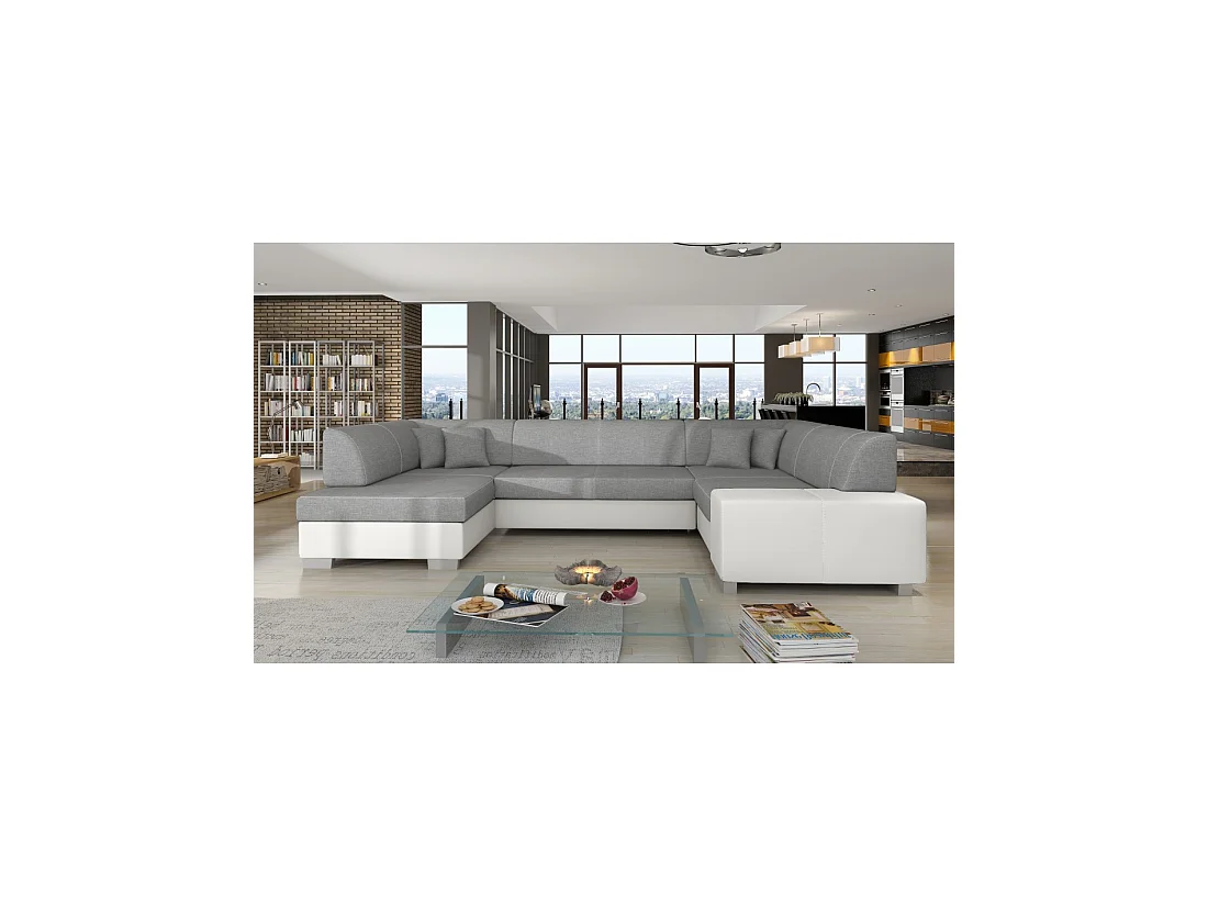 Canapé panoramique en U Gris & Blanc convertible 6 places HAVANE ressorts ondulés