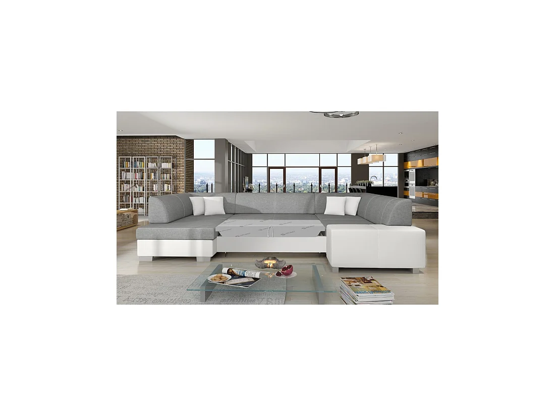 Canapé panoramique en U Gris & Blanc convertible 6 places HAVANE ressorts ondulés